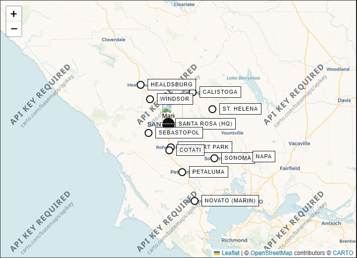 Map of J&J Electric's service area around Santa Rosa, CA, showing nearby Sonoma County and Napa County cities