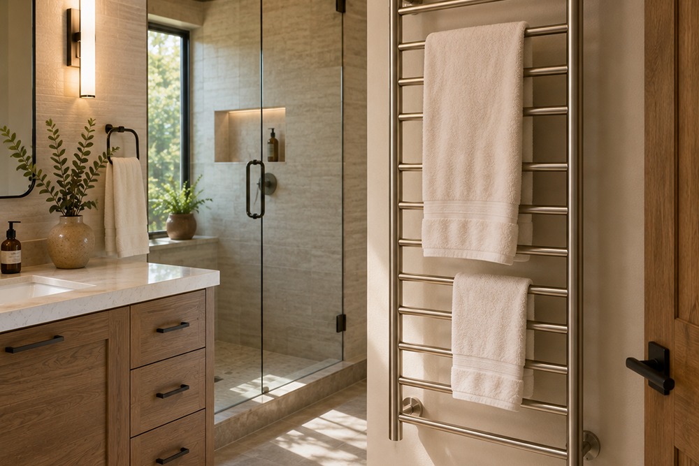 Heated towel rack electrical installation in a Santa Rosa CA bathroom