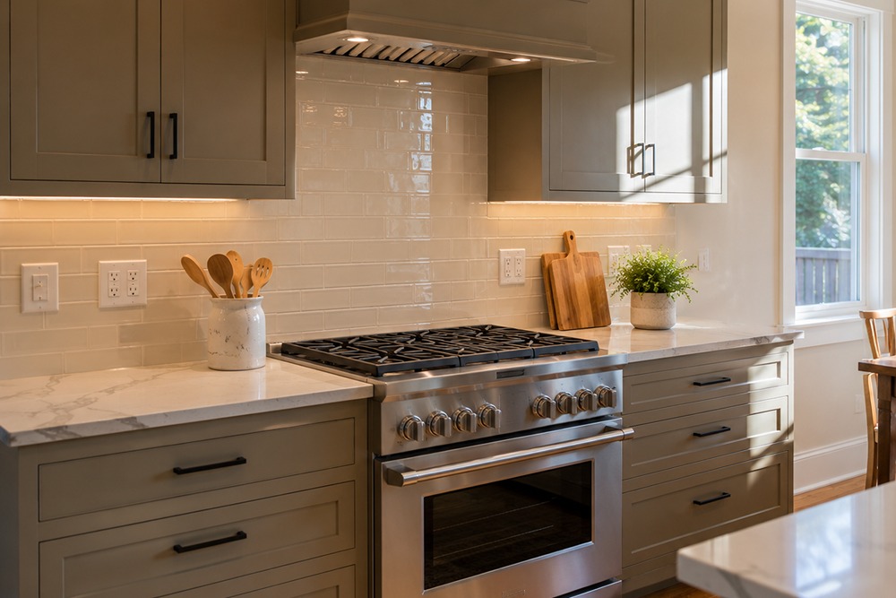 Kitchen electrical trim-out aligned with cabinetry in Santa Rosa CA