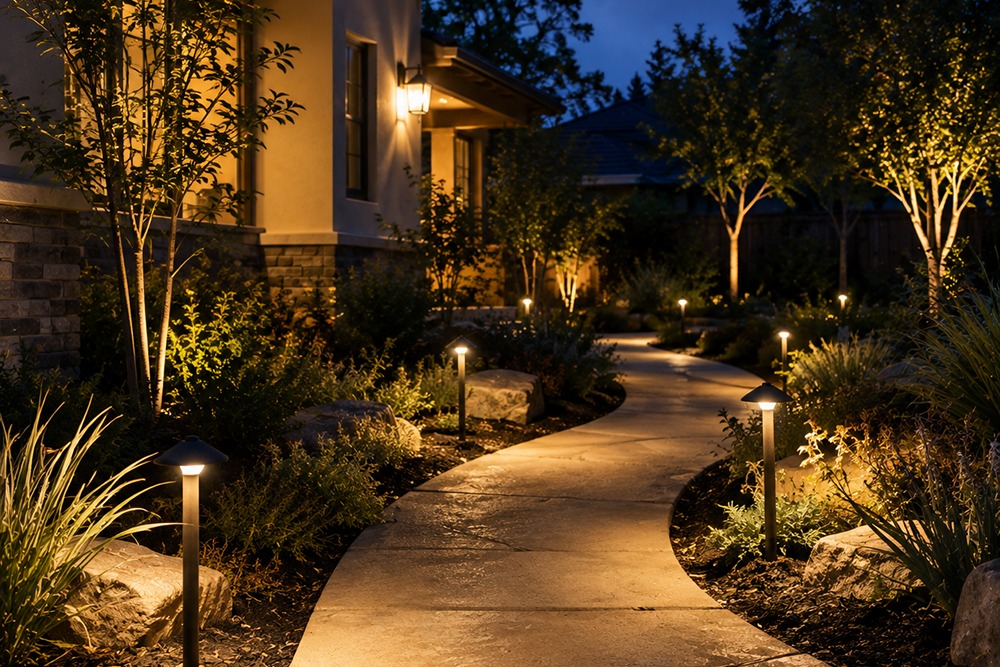 Path lighting illuminating a walkway at a Santa Rosa CA home
