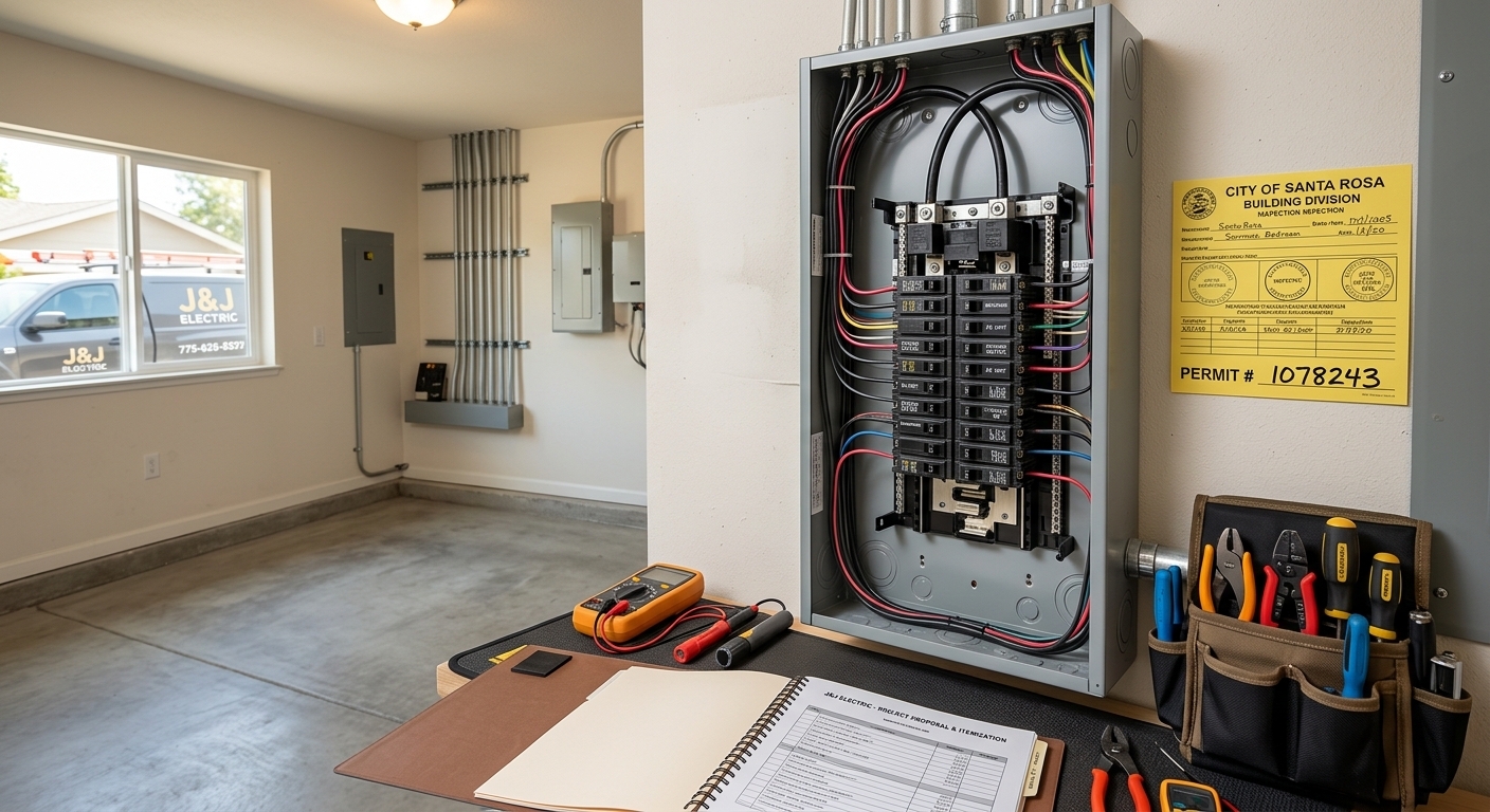 santa-rosa-electrical-panel-upgrade-permit Clean, professionally wired residential circuit breaker panel next to an official city inspection permit tag and itemized estimate document in a Santa Rosa garage.