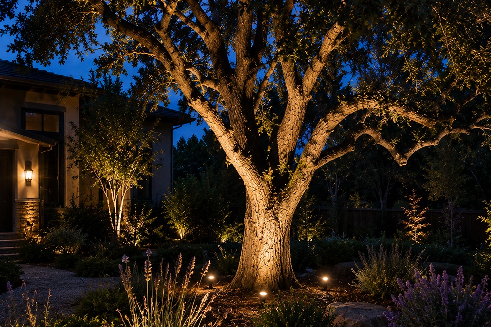 Tree uplighting installed in a Santa Rosa CA landscape