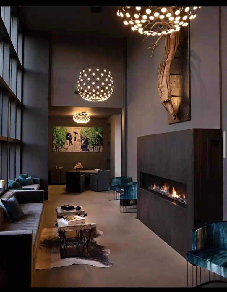 Lounge with fireplace and decorative pendant lighting