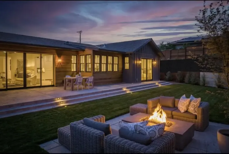 Backyard fire pit and landscape lighting at dusk